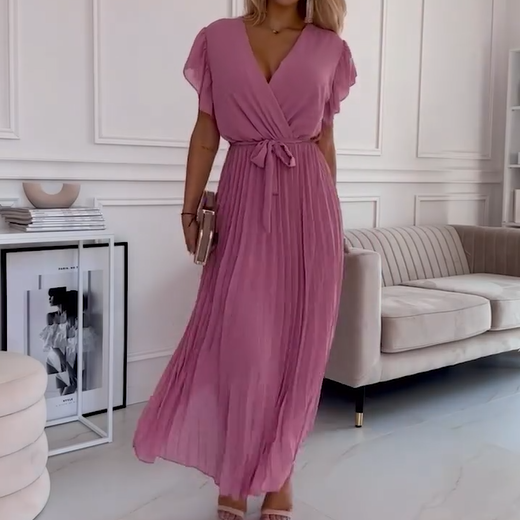 🌸Spring  Hot Sale 49% OFF🌸 Women's Solid V-Neck Pleated Flowy Dress