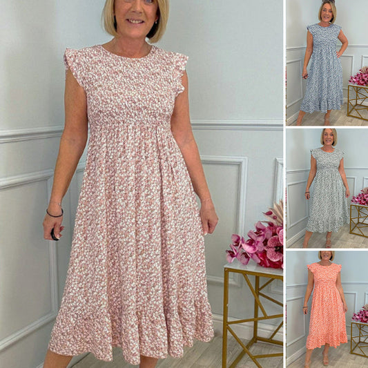 💕Summer Hot Sale 60% OFF💃Women's Elegant Floral Print High-Waisted Ruffle Cap Sleeve Dress