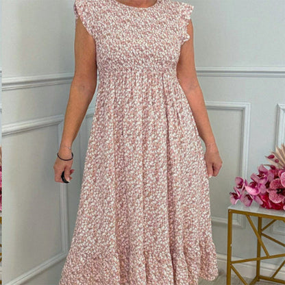 💕Summer Hot Sale 60% OFF💃Women's Elegant Floral Print High-Waisted Ruffle Cap Sleeve Dress