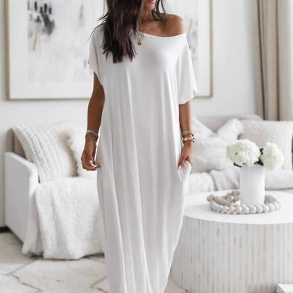 🔥Last Day Special Price £11.99!!💃Women's Summer Casual Loose Solid Color Short-Sleeve Long Dress