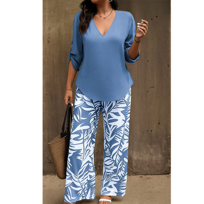 🥳2026 HOT SALE 50% OFF!  💞🥳Women's V-Neck Blouse & Printed Wide-Leg Pants Set